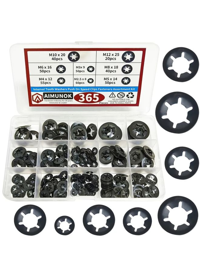 365Pcs AIMUNOC Internal Tooth Starlock Washers 8 Sizes Push On Speed Clips Fasteners Assortment Kit 65 Manganese Steel Black Oxide Finish Star Lock Washers - Image 1
