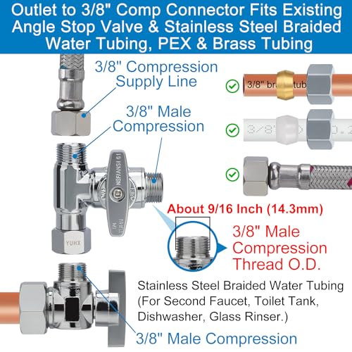 YUHX Brass Angle Stop Add-A-Tee Valve,3/8 x 3/8" x 3/8 Compression Water Splitter - Image 5