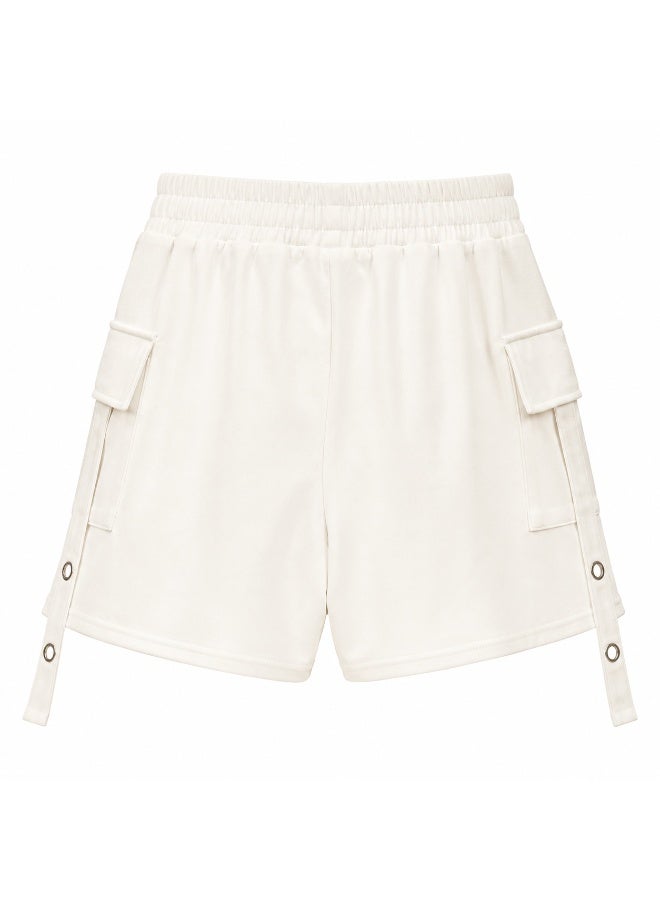 Women's Off White Athleisure Fleece Cargo Shorts with Pockets and Grommet Detail - Image 2