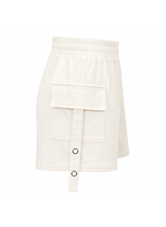 Women's Off White Athleisure Fleece Cargo Shorts with Pockets and Grommet Detail - Image 3
