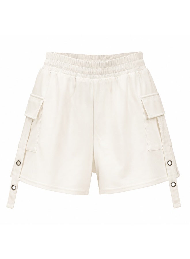 Women's Off White Athleisure Fleece Cargo Shorts with Pockets and Grommet Detail - Image 1