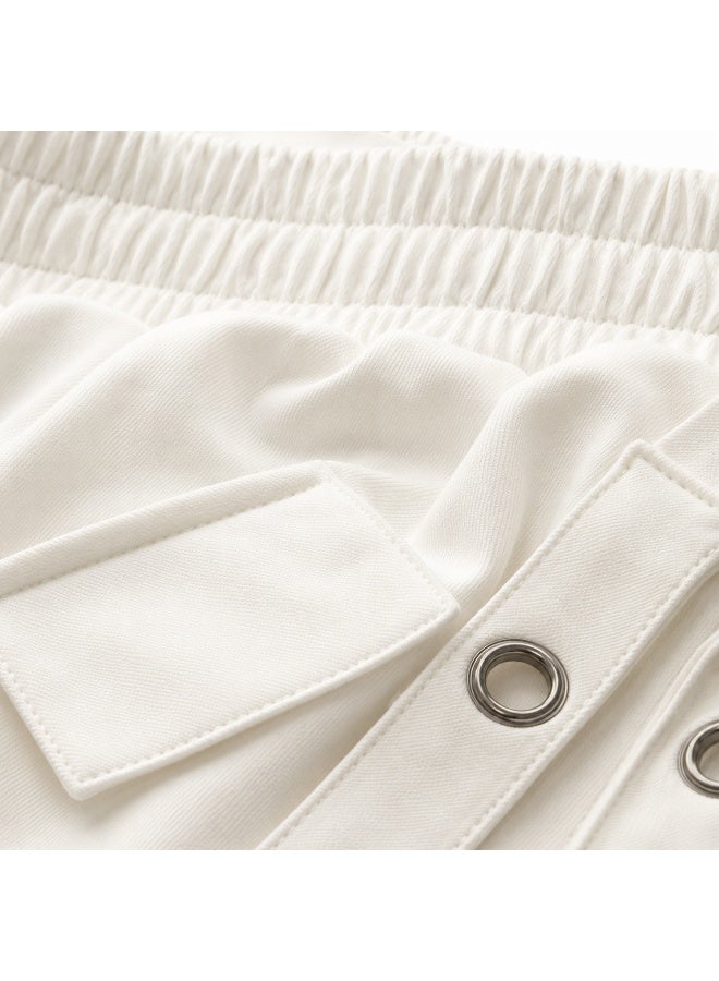 Women's Off White Athleisure Fleece Cargo Shorts with Pockets and Grommet Detail - Image 5