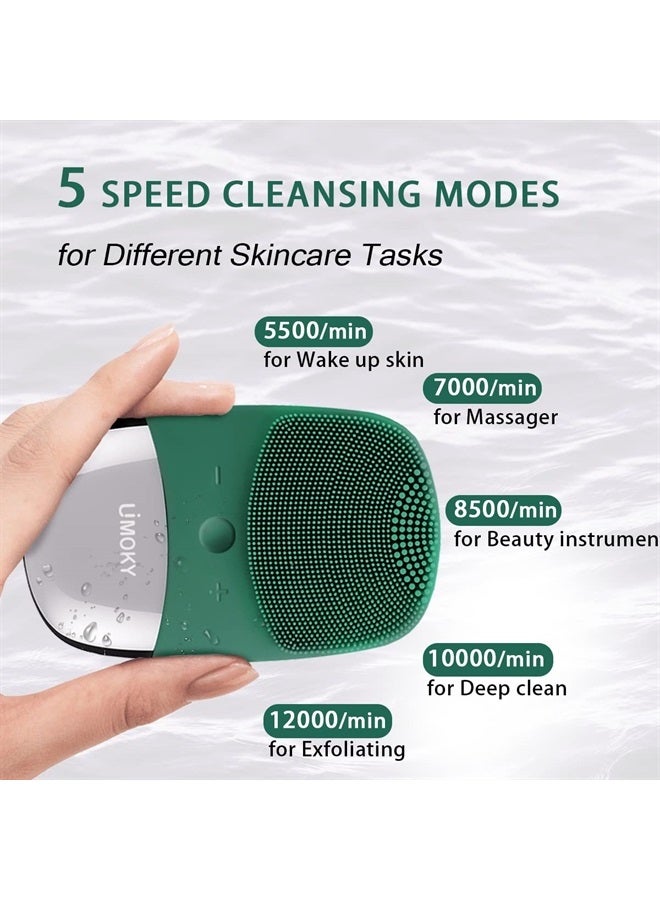 Uimoky Facial Cleansing Brush, 3-in-1 Electric Silicone Face Scrubber, Vibrating Massager, IPX7 Waterproof, USB Rechargeble Face Scrubber Brush for Deep Cleanning, Blackhead Remover, Exfoliating (Green) - Image 2