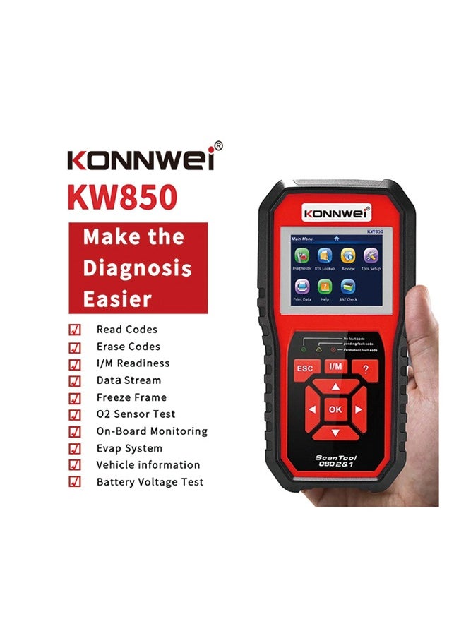 كونوي KONNWEI KW850 المهنية Obd2 الماسح الضوئي السيارات رمز القارئ التشخيص فحص ضوء المحرك أداة مسح ضوئي للسيارات obd II بعد 1996  - Image 1