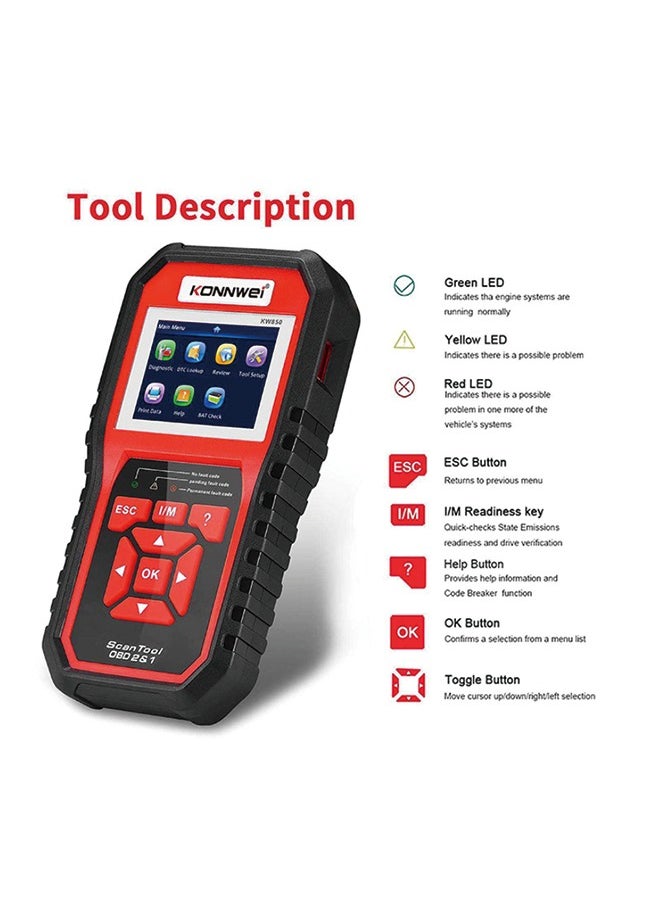 كونوي KONNWEI KW850 المهنية Obd2 الماسح الضوئي السيارات رمز القارئ التشخيص فحص ضوء المحرك أداة مسح ضوئي للسيارات obd II بعد 1996  - Image 3