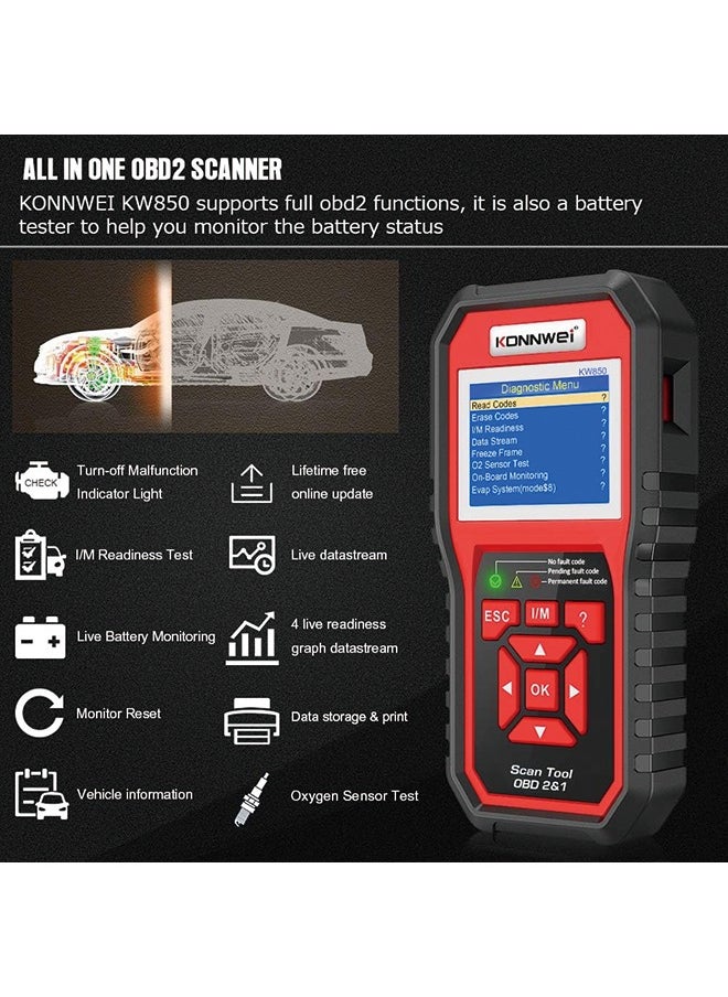 Konnwei - KONNWEI KW850 Professional OBD2 Scanner Auto Code Reader Diagnostic Check Engine Light Scan Tool for OBD II Cars After 1996 - Image 1