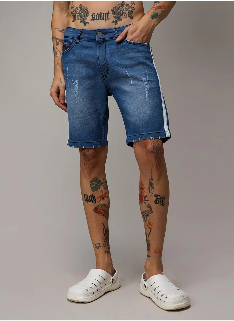 كامبوس سوترا Campus Sutra Men's Blue Pencil Side-Striped Denim Shorts For Casual Wear | Dark-Wash | Regular Fit | Button Closure | Cotton Denim Shorts Crafted With Comfort Fit For Everyday Wear