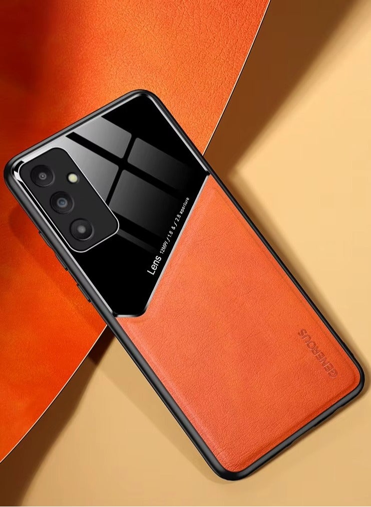 Case Compatible With Samsung Galaxy A36, Cover Luxury Leather And Glass With Car Magnetic Holder Phone Cover Soft Frame Silicone - Orange - Image 1