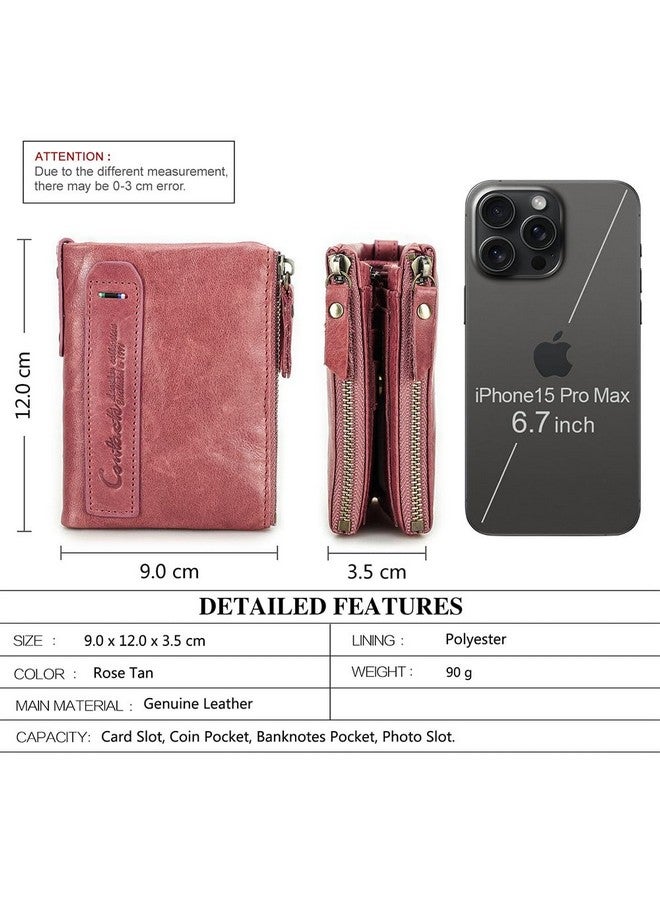 CONTACTS Soft Leather Wallet For Women Small Bifold Coin Purse Double Zipper Card Holder With Rfid Blocking (Rose Tan) - Image 3