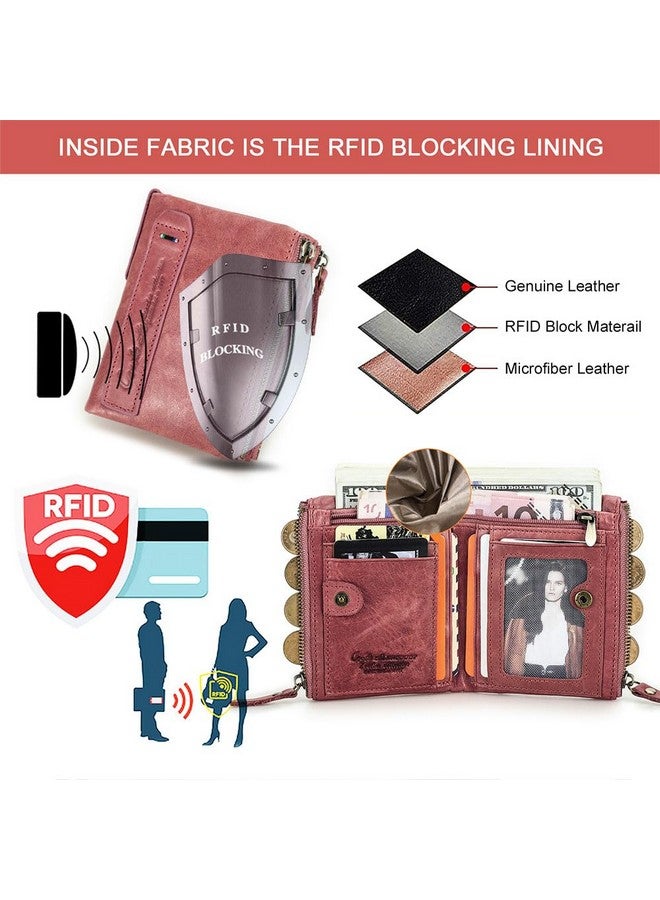 CONTACTS Soft Leather Wallet For Women Small Bifold Coin Purse Double Zipper Card Holder With Rfid Blocking (Rose Tan) - Image 4