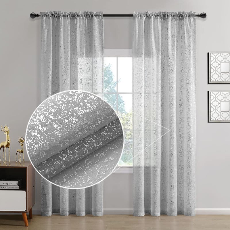 TERLYTEX Silver Sheer Curtains 84 Inch Long - Chic Sparkle Curtains for Living Room, Rod Pocket Glitter Sheer Curtains for Windows Privacy Silver Grey Sheer Panels, 52 x 84 Inch, 2 Panels, Silver Gray - Image 2