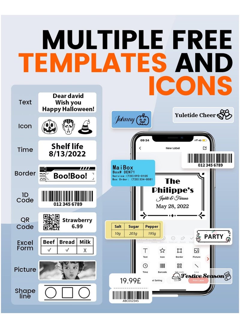 Joshberg Label Maker,Barcode Label Printer, Bluetooth Label Maker Machine with Tapes for Small Business,Home Use,Logo,Sticker Printer with 80 Fonts & 300 Templates - Image 3