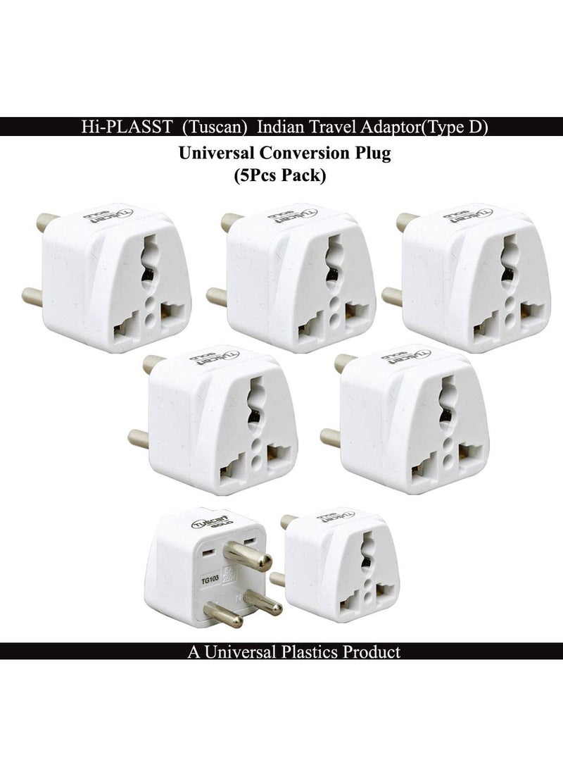 HI PLASST PINS N PLUGS HiPLASST 5pcs 3 Pin Traveller Conversion Plug Convert USA UK China More to India Type D Travel Adapter Plug Power Adaptor White Pack of 5 for Proper Tight Grip of Plugs  - Image 2