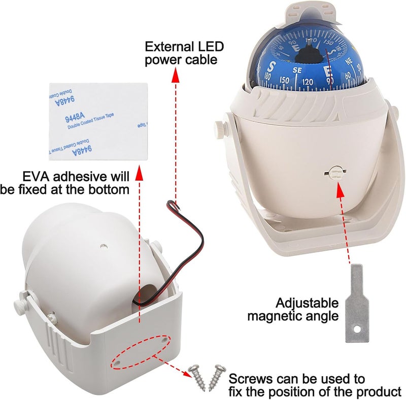 Geloo Boat Compass Flush Mount Compass, Marine Compass Dashboard with Light Pivoting, Dashboard Compass for Boat Car, Illuminated Dash Compass Surface Mount - Image 4