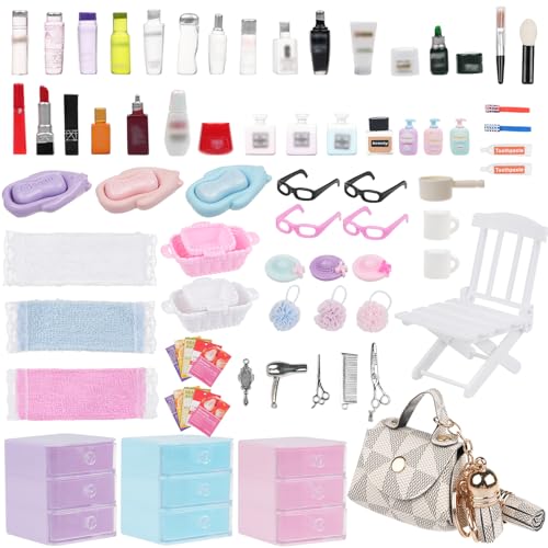 BeadRiver 77Pcs Dollhouse Bathroom Accessories Set Miniature Makeup Toiletries with Storage Cases Handbag Hair Dryer 112 Scale Doll House Decor for Girls - Image 1
