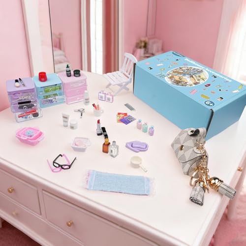 BeadRiver 77Pcs Dollhouse Bathroom Accessories Set Miniature Makeup Toiletries with Storage Cases Handbag Hair Dryer 112 Scale Doll House Decor for Girls - Image 5