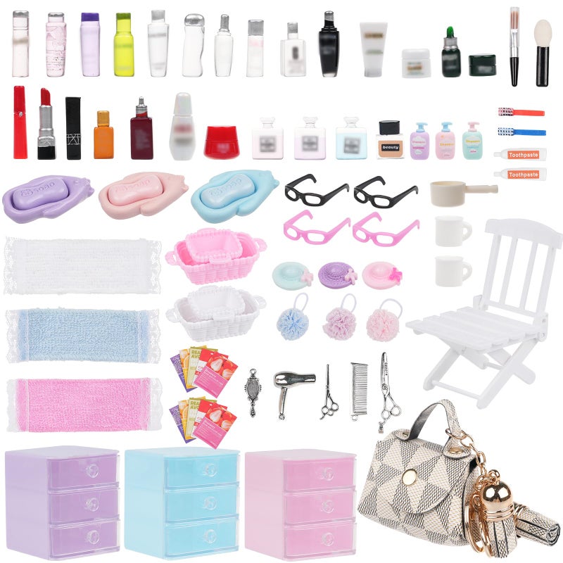 BeadRiver 77Pcs Dollhouse Bathroom Accessories Set Miniature Makeup Toiletries with Storage Cases Handbag Hair Dryer 112 Scale Doll House Decor for Girls - Image 3