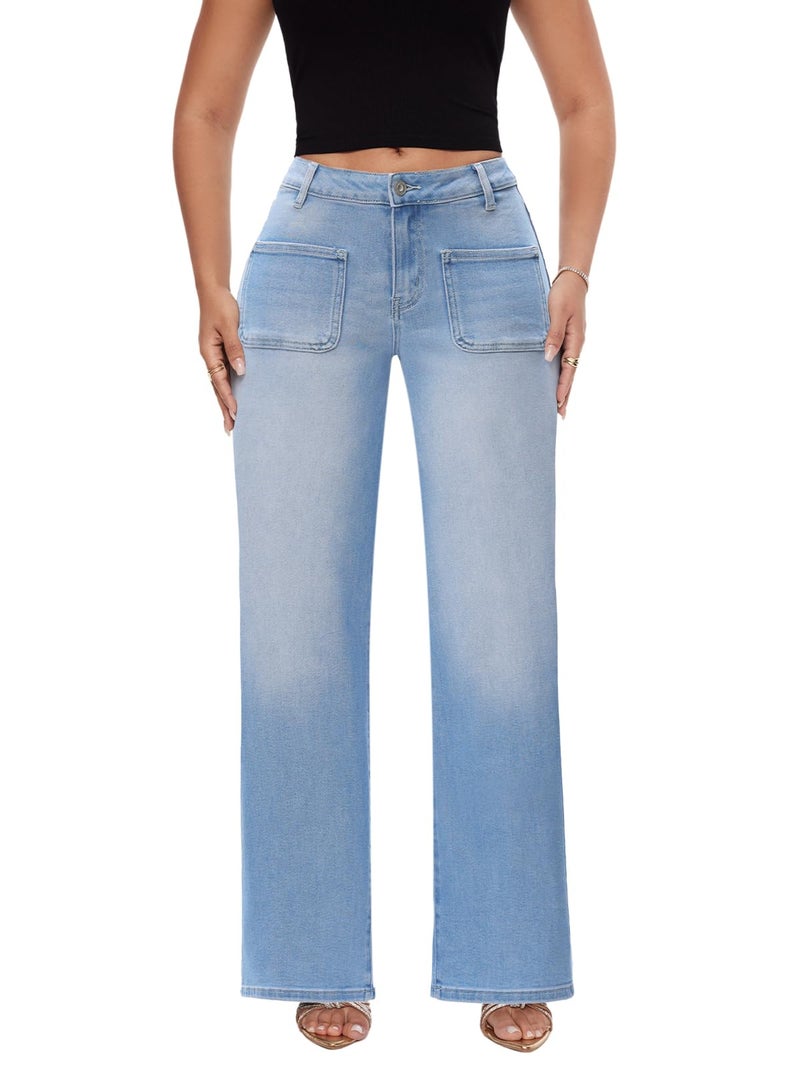 ONESO Mid Low Rise Baggy Jeans Wide Leg for Women Light Blue Pants Stretchy Bottom Lady Basic Comfortable Denim - Image 1