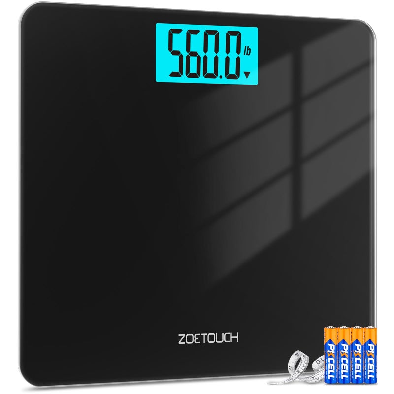 ZOETOUCH Scale for Body Weight 560lbs Digital High Capacity Bathroom Weighing Bath Scale for Heavy People Weigh Scale with Wide Platform Large LCD Display Batteries Included Black