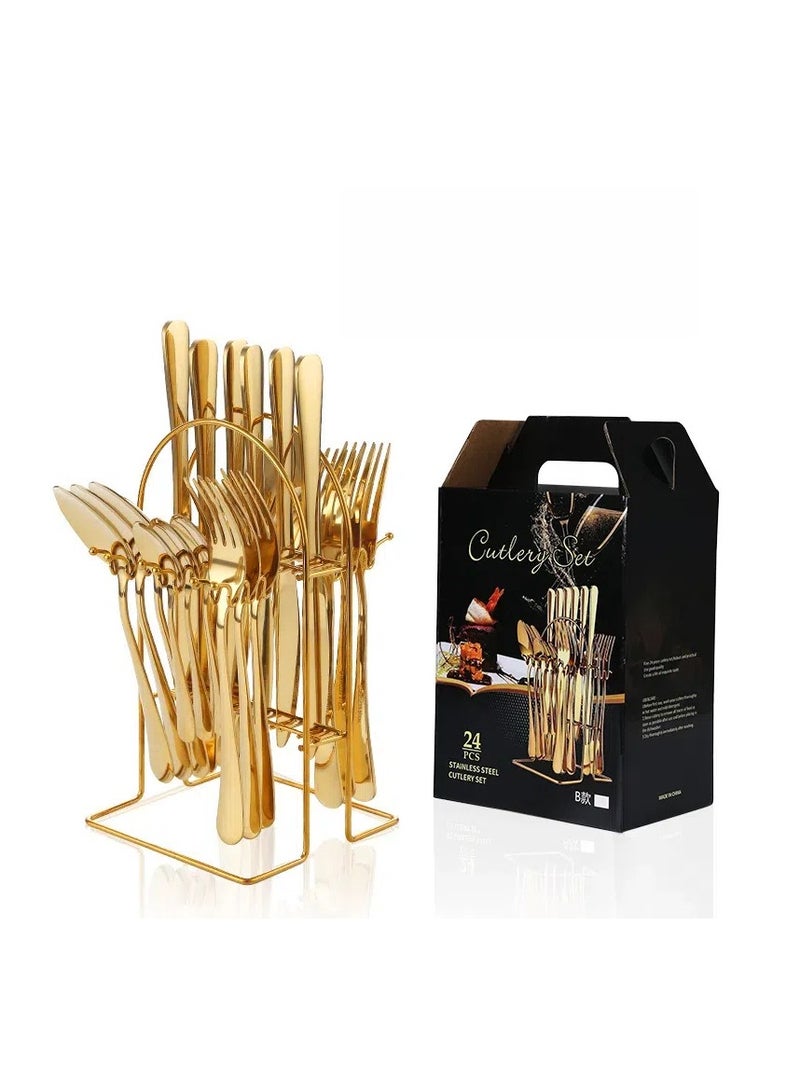 general Stainless steel cutlery 24-piece set, Western food four-main pieces, knives, forks, spoons, with storage shelves, gift box set - Image 1