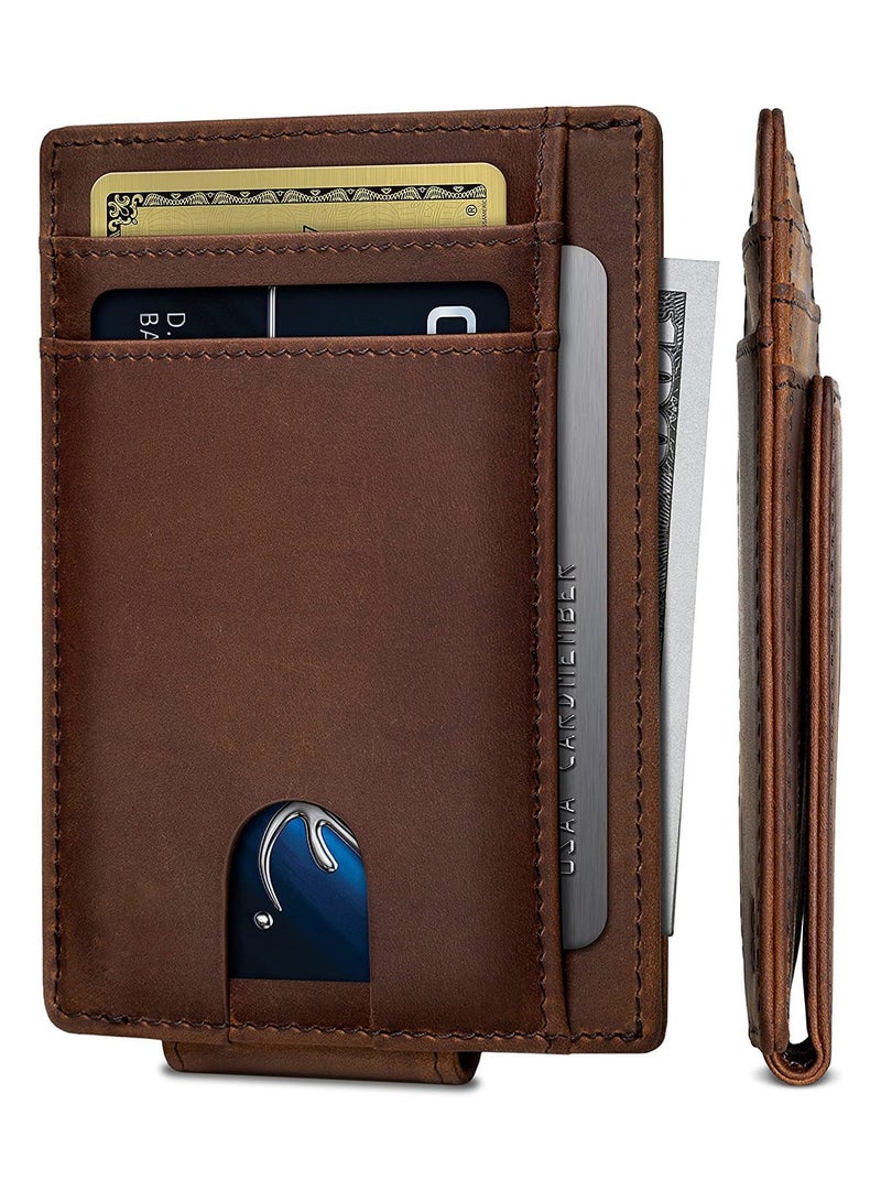 CONTACTS Front Pocket Wallet with Magnetic Money Clip Minimalist RFID Genuine Leather Wallets for Men Slim Credit Card Card Holder  7 Card Slots Brown - Image 1