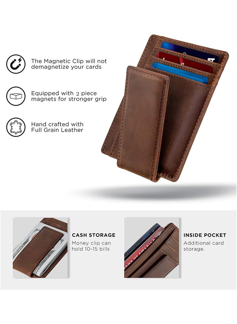 CONTACTS Front Pocket Wallet with Magnetic Money Clip Minimalist RFID Genuine Leather Wallets for Men Slim Credit Card Card Holder  7 Card Slots Brown - Image 3