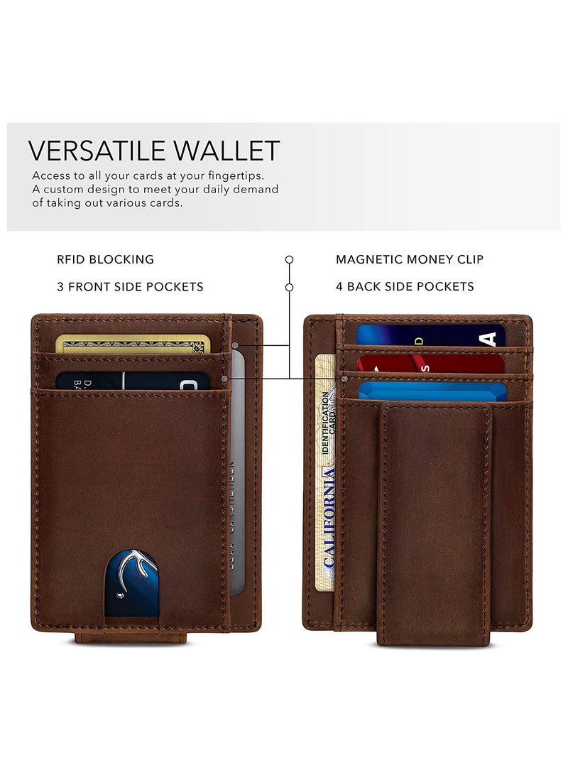 CONTACTS Front Pocket Wallet with Magnetic Money Clip Minimalist RFID Genuine Leather Wallets for Men Slim Credit Card Card Holder  7 Card Slots Brown - Image 4