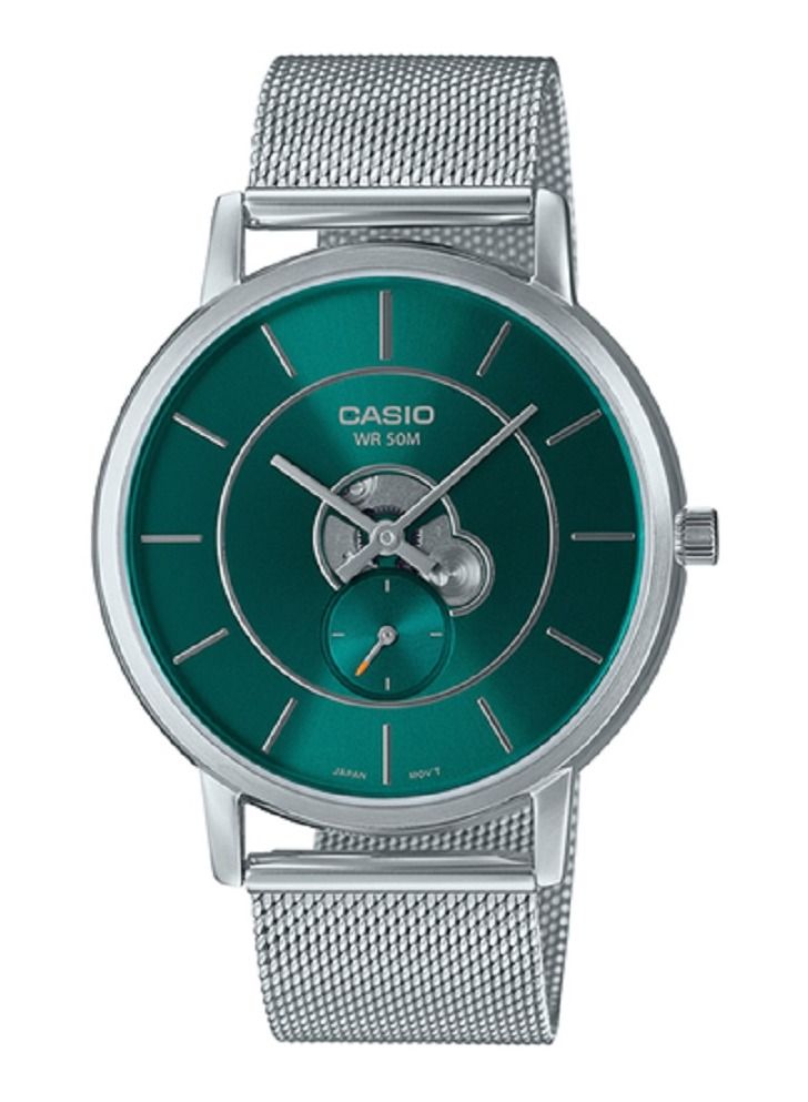 Casio Men Watch - Analog Inner Workings Dial Green Dial Stainless Steel Mesh Band MTP-B130M-3AVDF. - Image 1