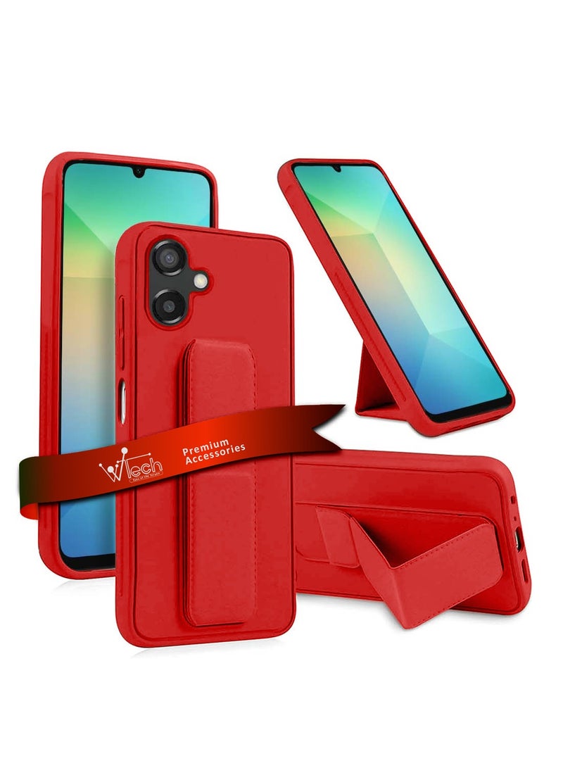 Wtech Samsung Galaxy A06 4G 2024 Hand Grip Foldable Magnetic Kickstand Wrist Strap Finger Grip with Built-in Iron Case Cover - Red - Image 1