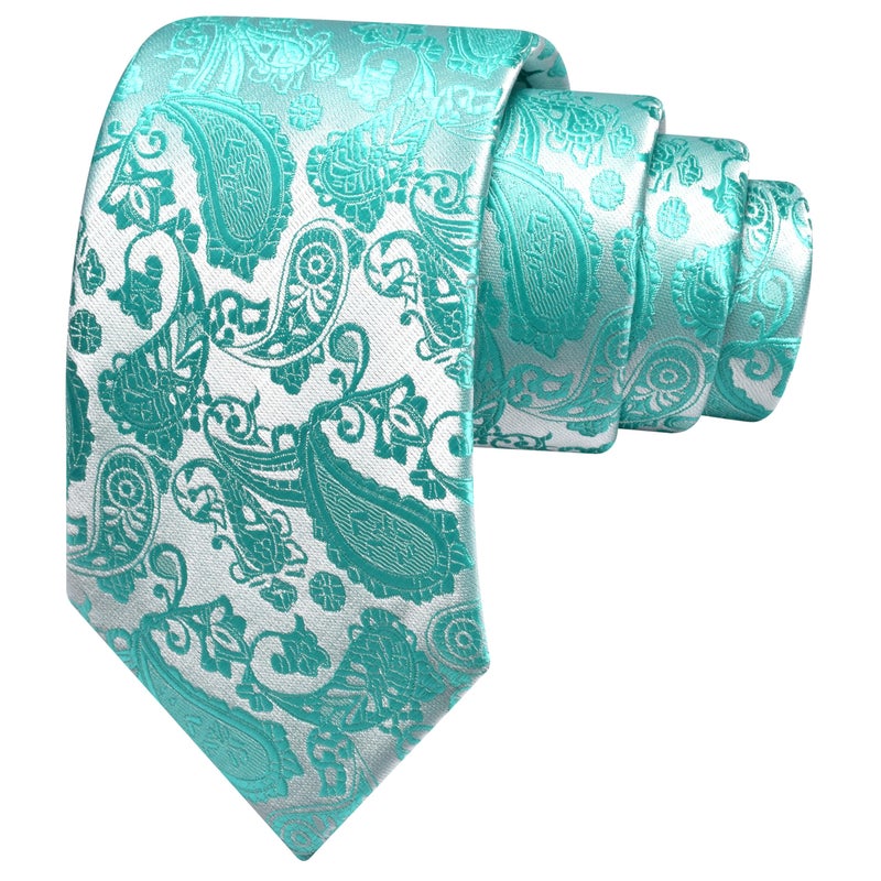GUSLESON Mens Aqua Tie for Wedding Lake Green Paisley Necktie for Party (1036-25) - Image 1
