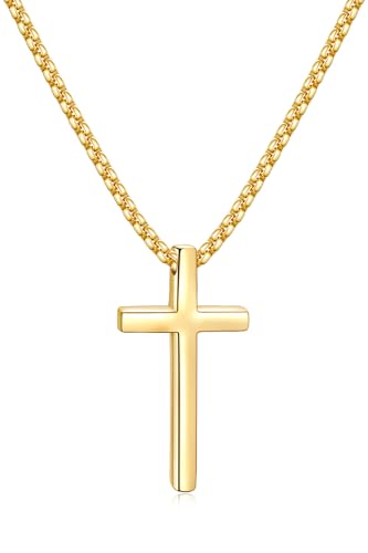 Fiusem 14k Gold Plated Mens Cross Necklaces, 2.5mm Cross Chain and Stainless Steel Cross Pendant Small, Box Chain 18 Inch - Image 1