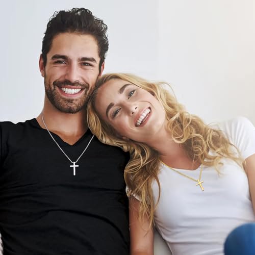 Fiusem 14k Gold Plated Mens Cross Necklaces, 2.5mm Cross Chain and Stainless Steel Cross Pendant Small, Box Chain 18 Inch - Image 3