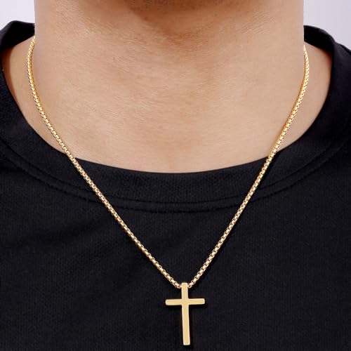 Fiusem 14k Gold Plated Mens Cross Necklaces, 2.5mm Cross Chain and Stainless Steel Cross Pendant Small, Box Chain 18 Inch - Image 2