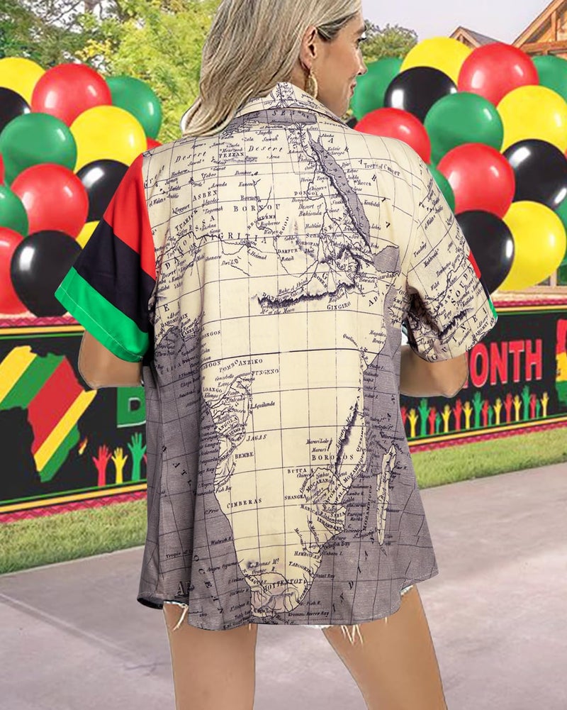 BANGELY Black History Month T-Shirt Women Black Proud Shirt African Flag T-Shirt Africa Map Graphic Button Up Blouse Short Sleeve Top - Image 4