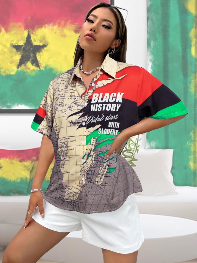 BANGELY Black History Month T-Shirt Women Black Proud Shirt African Flag T-Shirt Africa Map Graphic Button Up Blouse Short Sleeve Top - Image 3