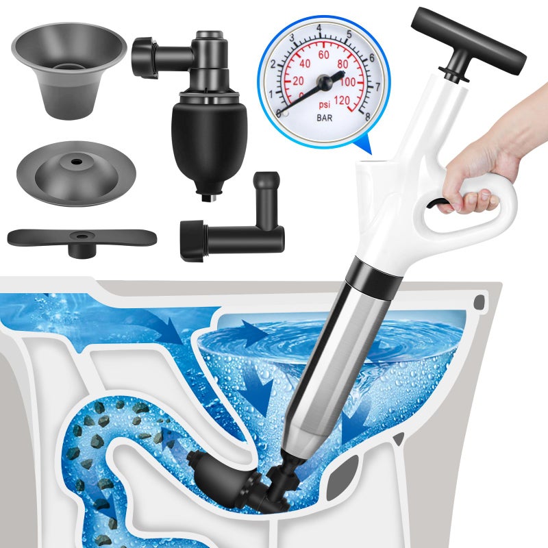 DrSnake High Pressure Toilet Plunger Air Drain Blaster Gun with Visual Barometer and Stainless Steel Plungers Powerful Drain Clog Remover Tool for Sink Toilet Floor Drain Heavy Duty Toilet Plungers - Image 2