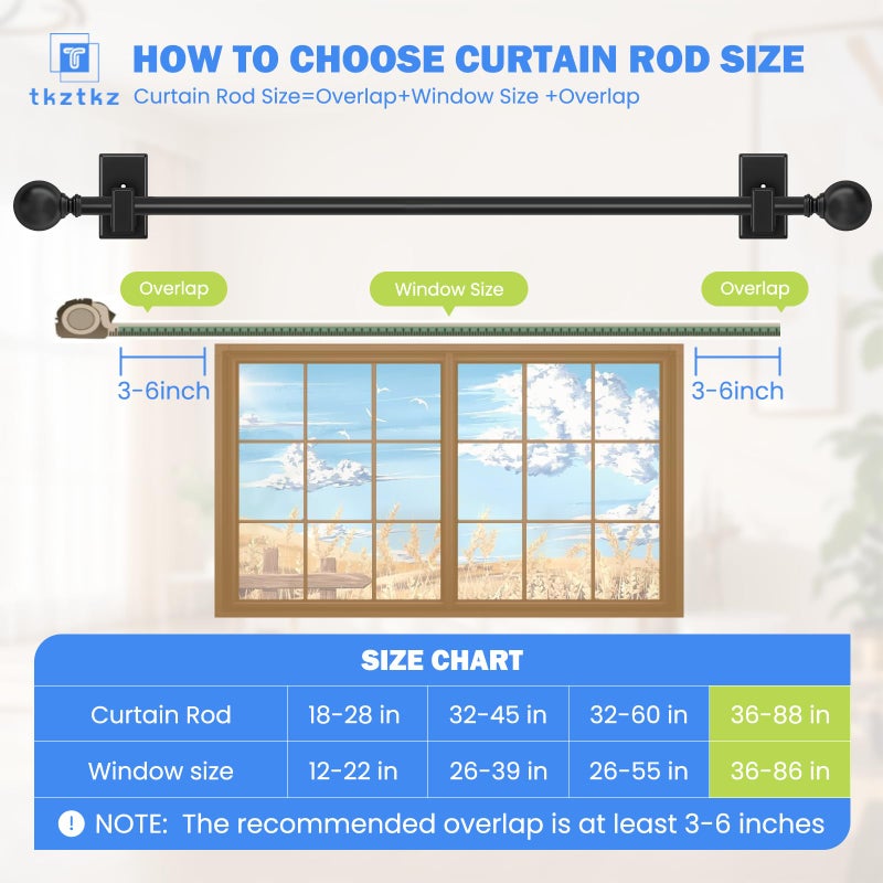 TKZTKZ Black Curtain Rods No Drilling-Adjustable No Drill Curtain Rods for Windows 36-88" with Adhesive Brackets for Bedroom Apartment Renter Friendly,5/8" Small French Door Sash Rod Easy Install - Image 5