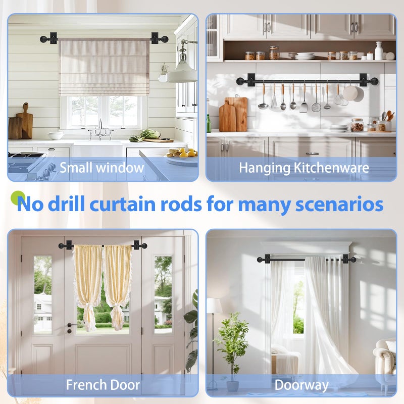 TKZTKZ Black Curtain Rods No Drilling-Adjustable No Drill Curtain Rods for Windows 36-88" with Adhesive Brackets for Bedroom Apartment Renter Friendly,5/8" Small French Door Sash Rod Easy Install - Image 4