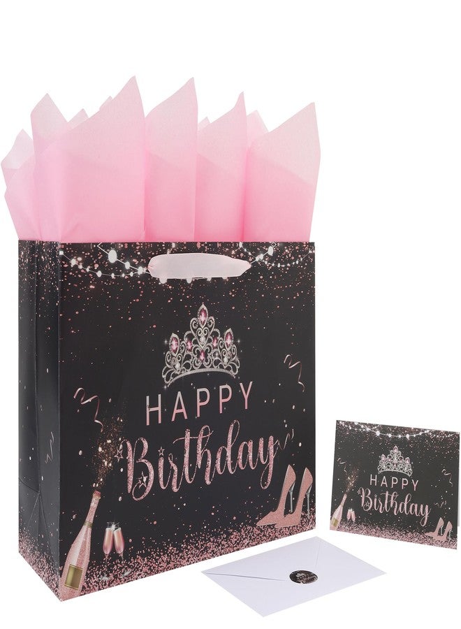 wishinside مجموعة حقائب هدايا عيد ميلاد كبيرة سوداء مقاس 13 بوصة من wishinside، مزودة بمقابض، وبطاقة تهنئة، وورق مناديل وردي، وملصقات، بتصميم تاج، قطعة واحدة، مناسبة للفتيات والنساء والأطفال والمراهقين - Image 1