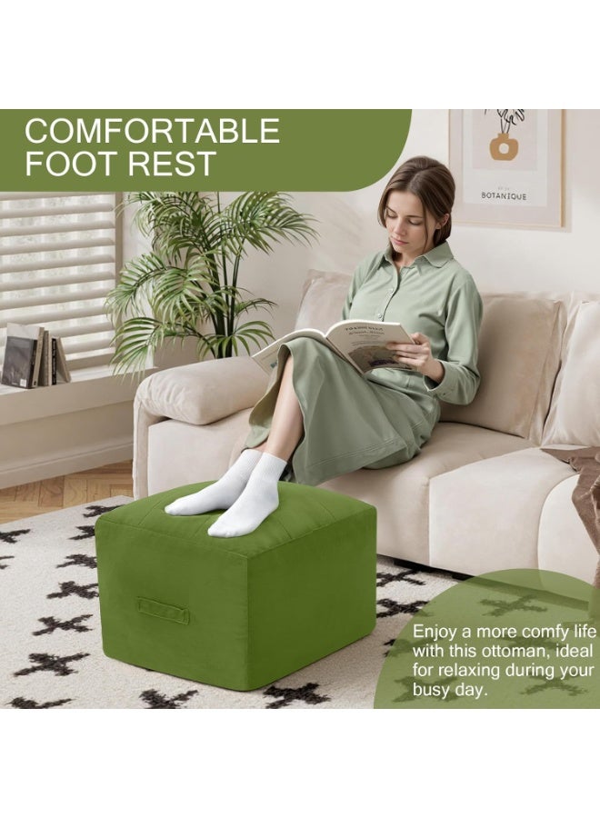 Square Stuffed Pouf Ottoman Foot Rest, Floor Pouf Foot Stool with Foam Chunk Filling, Soft Stuffed Ottoman Footrest for Living Room, Green - Image 3