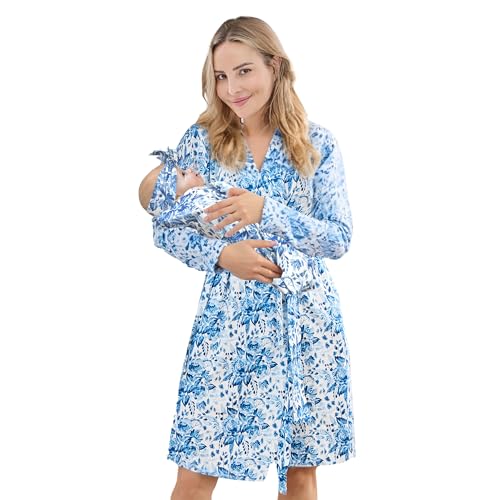 V.&GRIN VGRIN Mommy and Me Robe and Swaddle Set Maternity Robe and Matching Baby Blanket Hospital Outfits Labor DeliveryBlue FlowerSM - Image 1