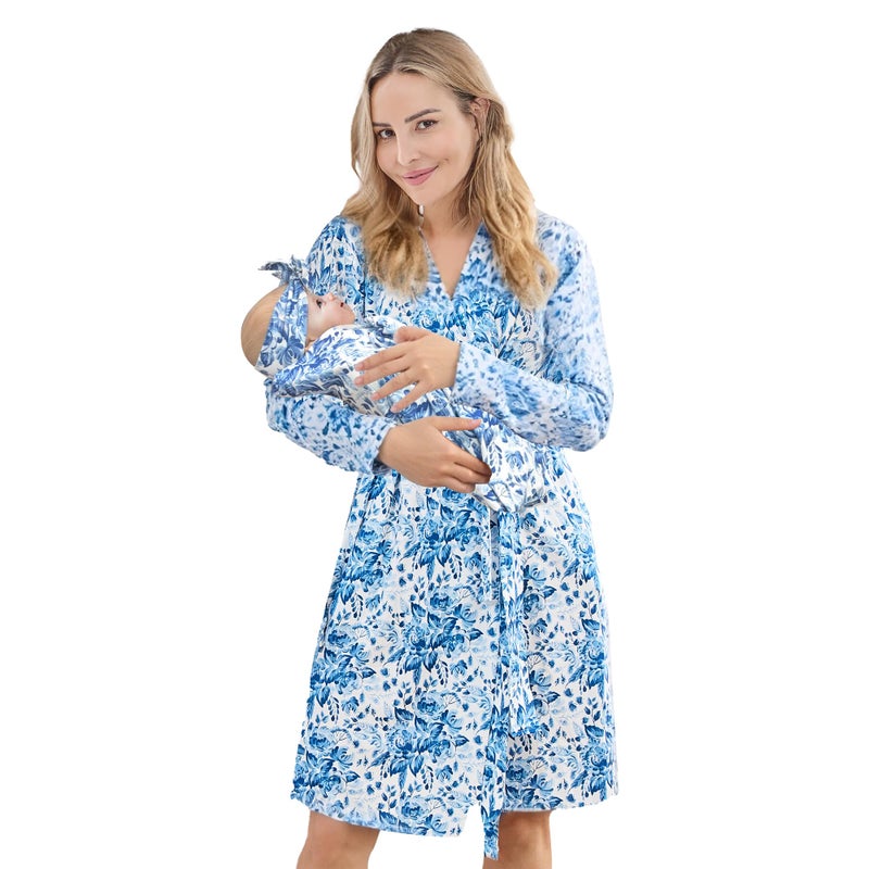 V.&GRIN VGRIN Mommy and Me Robe and Swaddle Set Maternity Robe and Matching Baby Blanket Hospital Outfits Labor DeliveryBlue FlowerSM - Image 2