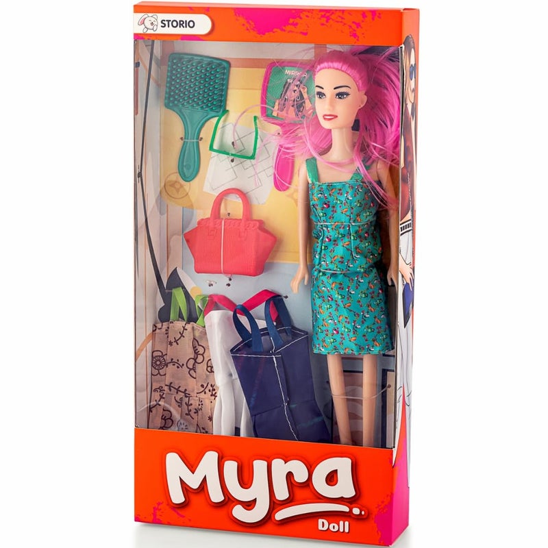Storio Myra Doll Playset Beautiful Dazzling Doll Toy with Moveable Arms & Legs for Girls (Doll with Accessories) - Green Dress - Image 4