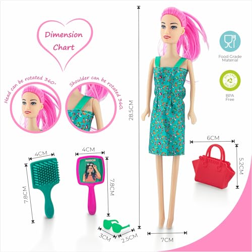 Storio Myra Doll Playset Beautiful Dazzling Doll Toy with Moveable Arms & Legs for Girls (Doll with Accessories) - Green Dress - Image 3