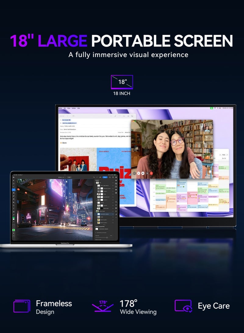 أوبيرفكت شاشة محمولة UPERFECT 18 بوصة 144 بوصة 144 هرتز 2560*1600P 2K QHD 2K IHD IPS USB C ومنفذ HDMI صغير مع شاشة ثانية مدمجة للتركيب للكمبيوتر المحمول/الهاتف/وحدة التحكم في الألعاب، قابلة للتركيب VESA - Image 3