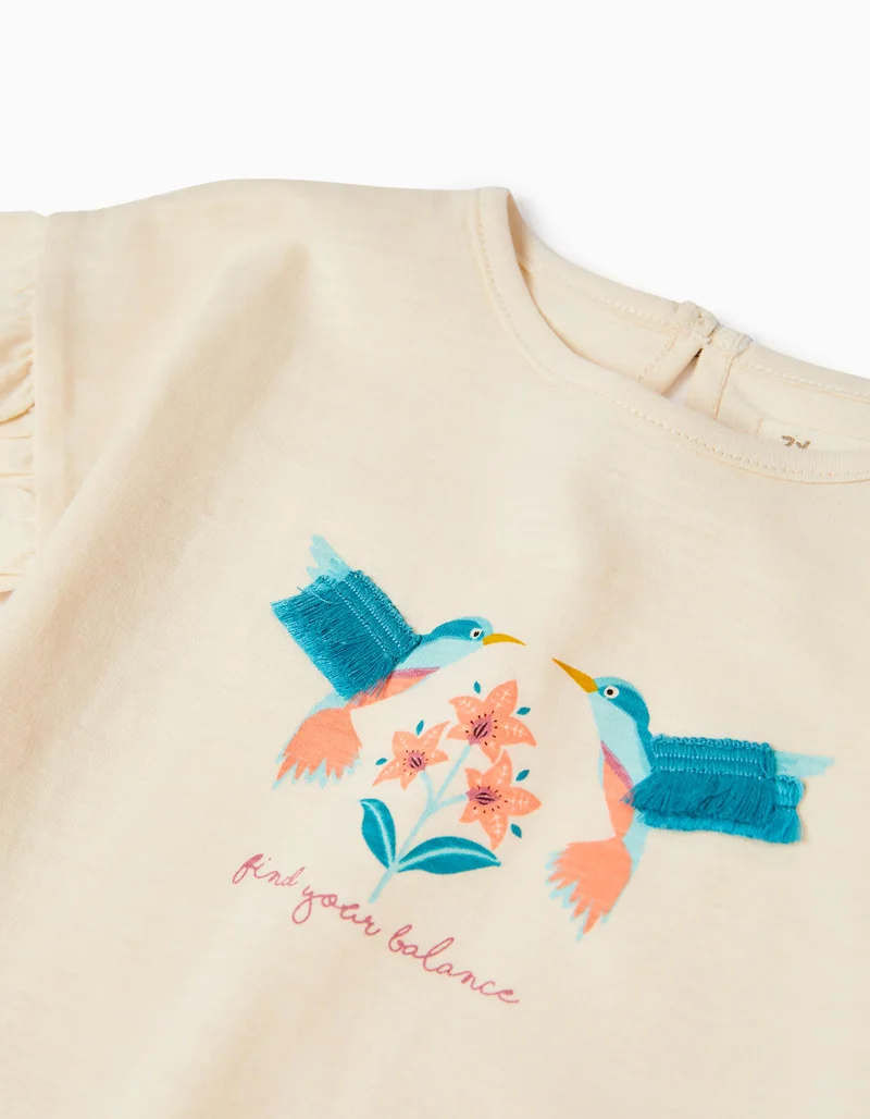Zippy Cotton T-shirt + Shorts Set for Baby Girls 'Birds', Beige/Coral