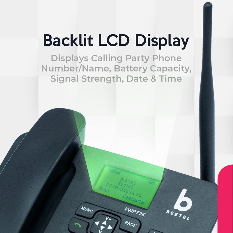Beetel هاتف أرضي ثابت لاسلكي F2K GSM، شاشة LCD، يدعم الرباعية النطاق، شريحتين، خط ساخن مع قفل لوحة المفاتيح، منبه، آلة حاسبة، تقويم، تنبيه بانخفاض البطارية، مكبر صوت ثنائي الاتجاه، 4 مفاتيح ذاكرة مباشرة (أسود) - Image 3