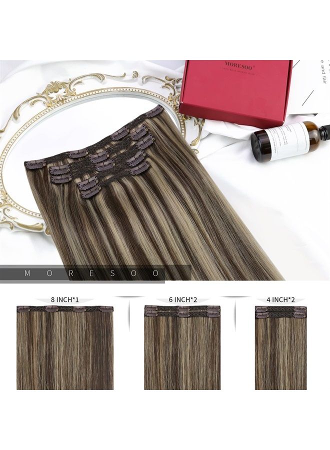 Moresoo Clip in Human Hair Extensions Brown Highlighted with Blonde Clip in Extensions Real Human Hair Highlight Clip in Human Hair Extensions for Short 10 Inch 70G/5Pcs Piano Color #P4/27
