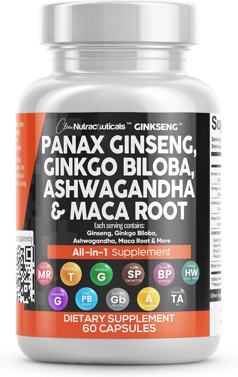 Clean Nutraceuticals Panax Ginseng Ginkgo Biloba Ashwagandha Maca Root  Focus Supplement Pills for Women and Men with Pine Bark Extract Garlic and Saw Palmetto  60 Caps - Image 1