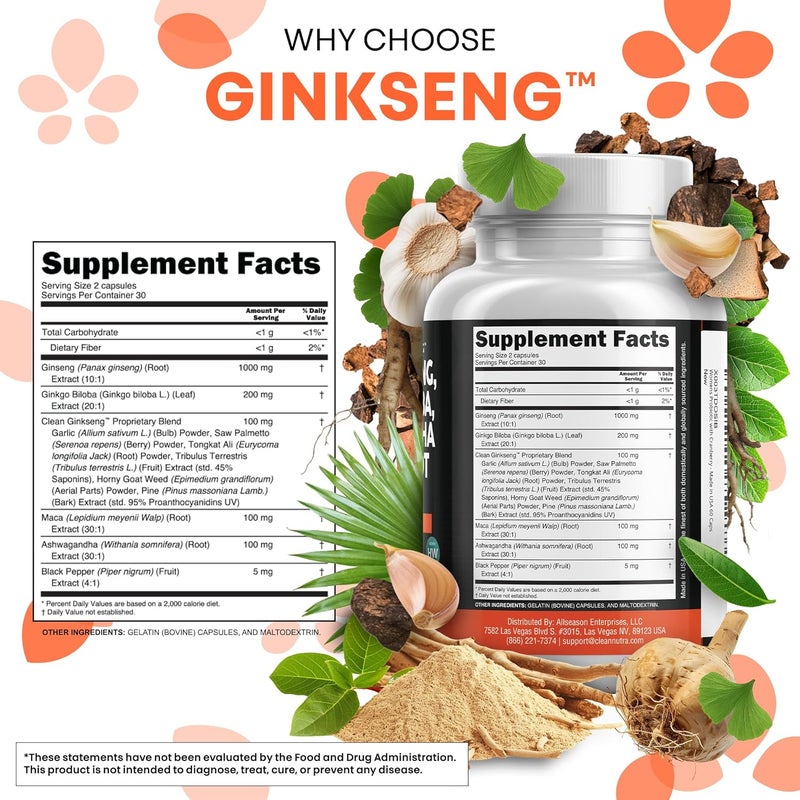 Clean Nutraceuticals Panax Ginseng Ginkgo Biloba Ashwagandha Maca Root  Focus Supplement Pills for Women and Men with Pine Bark Extract Garlic and Saw Palmetto  60 Caps - Image 4